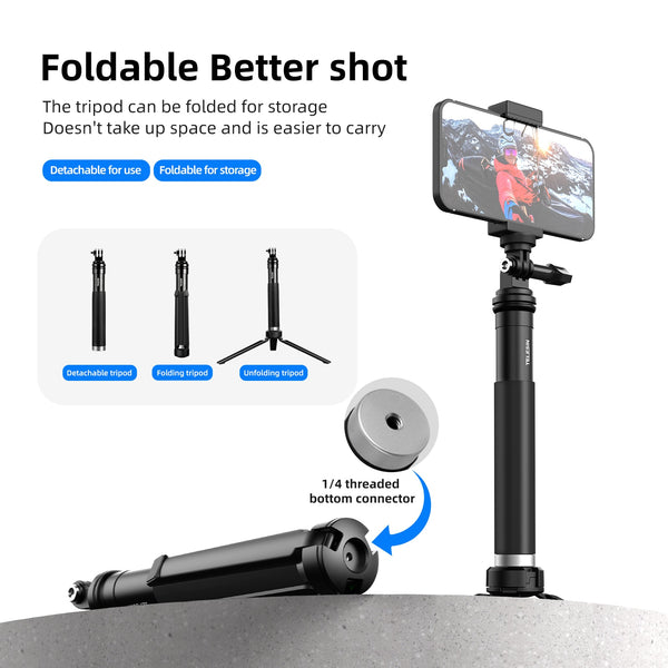 TELESIN 90cm Selfie Stick with Aluminum Alloy Tripod for Gopro Hero 11 10 9 8 7 5 DJI Osmo Action 3 Action Camera Smart Phone