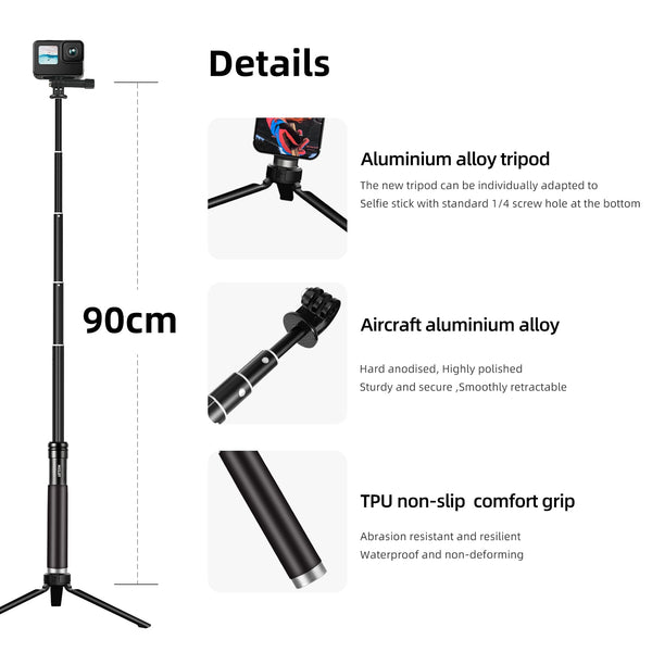 TELESIN 90cm Selfie Stick with Aluminum Alloy Tripod for Gopro Hero 11 10 9 8 7 5 DJI Osmo Action 3 Action Camera Smart Phone