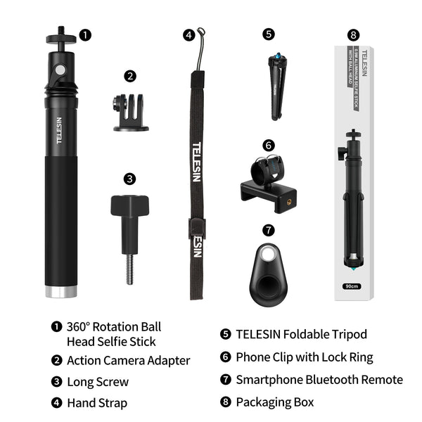 TELESIN 90cm Selfie Stick with Aluminum Alloy Tripod for Gopro Hero 11 10 9 8 7 5 DJI Osmo Action 3 Action Camera Smart Phone