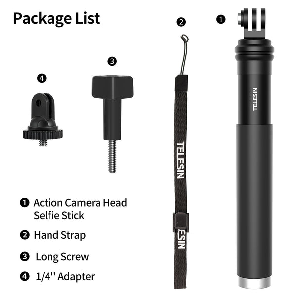 TELESIN 90cm Selfie Stick with Aluminum Alloy Tripod for Gopro Hero 11 10 9 8 7 5 DJI Osmo Action 3 Action Camera Smart Phone