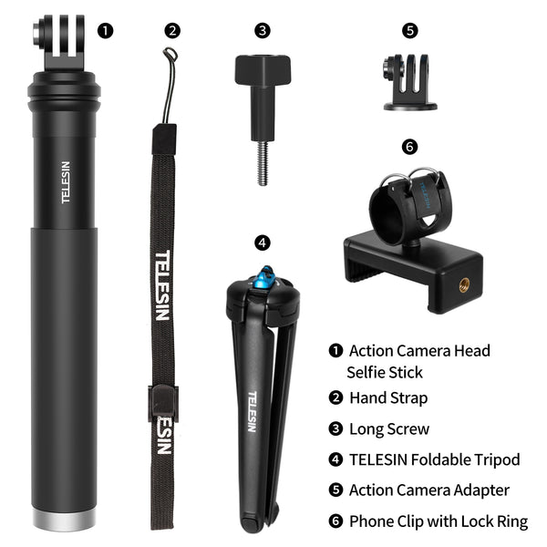 TELESIN 90cm Selfie Stick with Aluminum Alloy Tripod for Gopro Hero 11 10 9 8 7 5 DJI Osmo Action 3 Action Camera Smart Phone