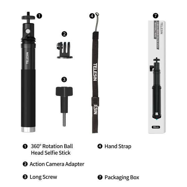 TELESIN 90cm Selfie Stick with Aluminum Alloy Tripod for Gopro Hero 11 10 9 8 7 5 DJI Osmo Action 3 Action Camera Smart Phone