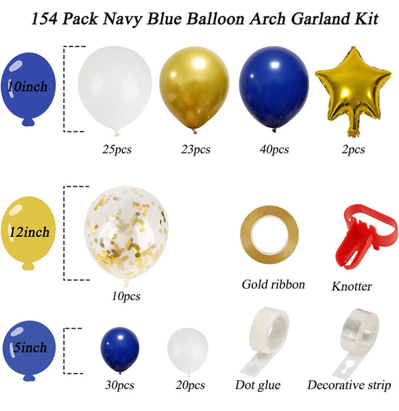 154pcs Royal Blue Gold Balloons Garland Arch Kit, Navy Blue Metallic Gold White Balloons with Star Foil Balloons for Graducation Birthday Baby Shower