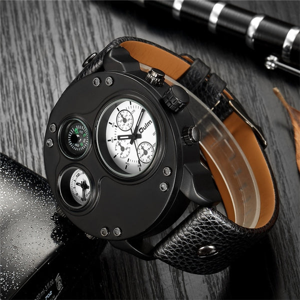 Oulm Unique Sport Watches Men Luxury Brand Two Time Zone Wristwatch Decorative Compass Male Quartz Watch relogio masculino