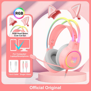 ONIKUMA X15 Pro Over-Ear Headphones Gaming Headset Wired Cancelling Earphones Pink Cat Ears Rgb Light With Mic For PC/PS/XBOX