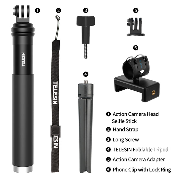 TELESIN 90cm Selfie Stick with Aluminum Alloy Tripod for Gopro Hero 11 10 9 8 7 5 DJI Osmo Action 3 Action Camera Smart Phone