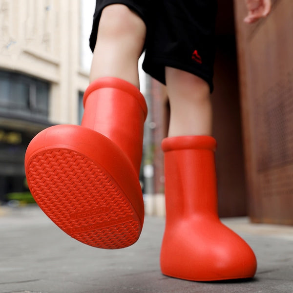 Big Red Boots Kid Rain Boots Thick Bottom Big Round Head Flat Bottom Rubber Sole Non Slip Cartoon Boots 2023 New Children Shoes