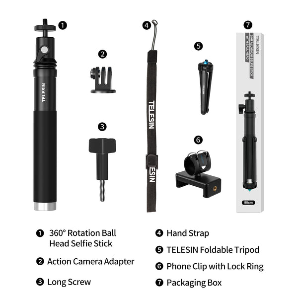 TELESIN 90cm Selfie Stick with Aluminum Alloy Tripod for Gopro Hero 11 10 9 8 7 5 DJI Osmo Action 3 Action Camera Smart Phone