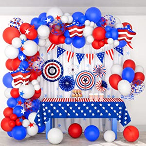 Red White and Blue Balloons Garland Arch Kit, 4th of July Balloons Garland Kit, American Flag Banner, Tablecloth for Independence Day Memorial Day Veterans Day Patriotic Decorations Graduation Fourth/4th of July Decorations Party Supplies Outdoor