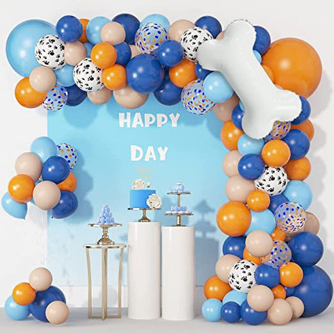 121Pcs Birthday Party Supplies Balloons Garland Kit, Blue Orange Dog Paw Balloons Arch Bone Balloon