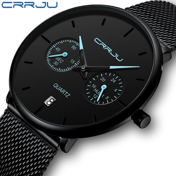 Mens Watches CRRJU Full Steel Casual Waterproof Watch for Man Sport Quartz Watch Men Dress Calendar Watch
