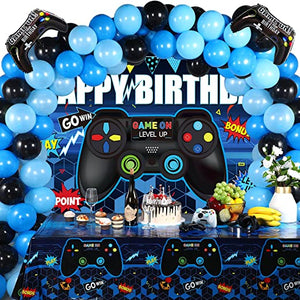 Video Game Birthday Party Decorations Set Gaming Happy Birthday Supplies Includes Video Game Backdrop, Table Covers, Multi-Color Balloons and Foil Gamer Balloons for Birthday Party (Blue and Black)