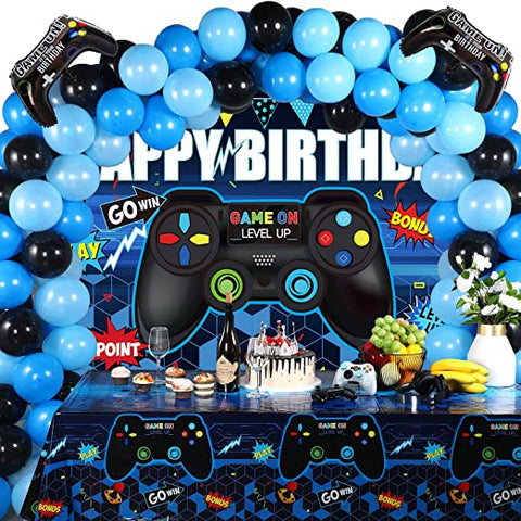 Video Game Birthday Party Decorations Set Gaming Happy Birthday Supplies Includes Video Game Backdrop, Table Covers, Multi-Color Balloons and Foil Gamer Balloons for Birthday Party (Blue and Black)