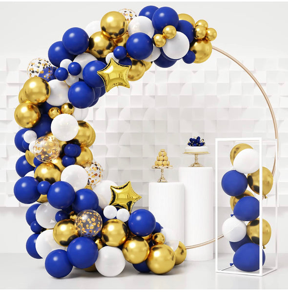 154pcs Royal Blue Gold Balloons Garland Arch Kit, Navy Blue Metallic Gold White Balloons with Star Foil Balloons for Graducation Birthday Baby Shower
