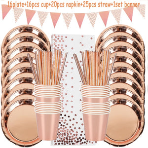 78pcs/set Rose Gold Party Tableware Set, Napkins, Cups, Plates and Straws.
